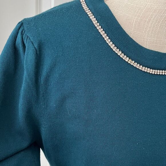 H Halston Heritage Deep Teal Knit with Embellished Neckline Short Sleeve NWOT - Picture 6 of 11